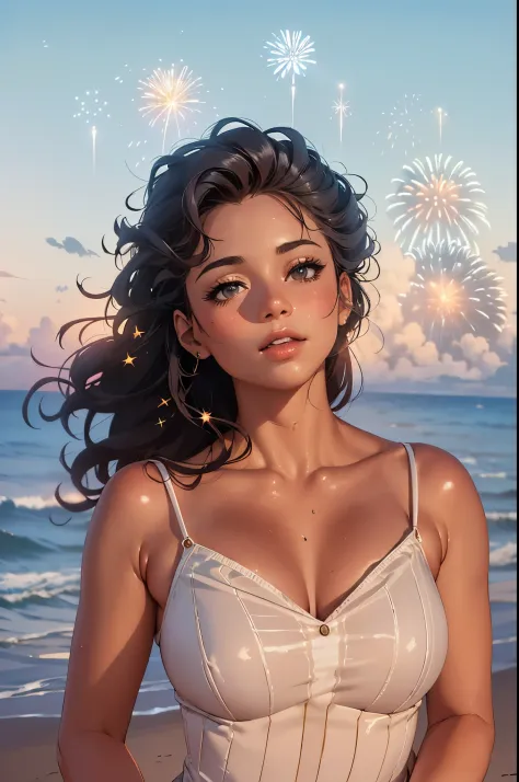 arafed woman with curly hair standing on a beach near the ocean,(Fireworks in the vast night sky:1.5),(top-quality,8K,32K,​maste...