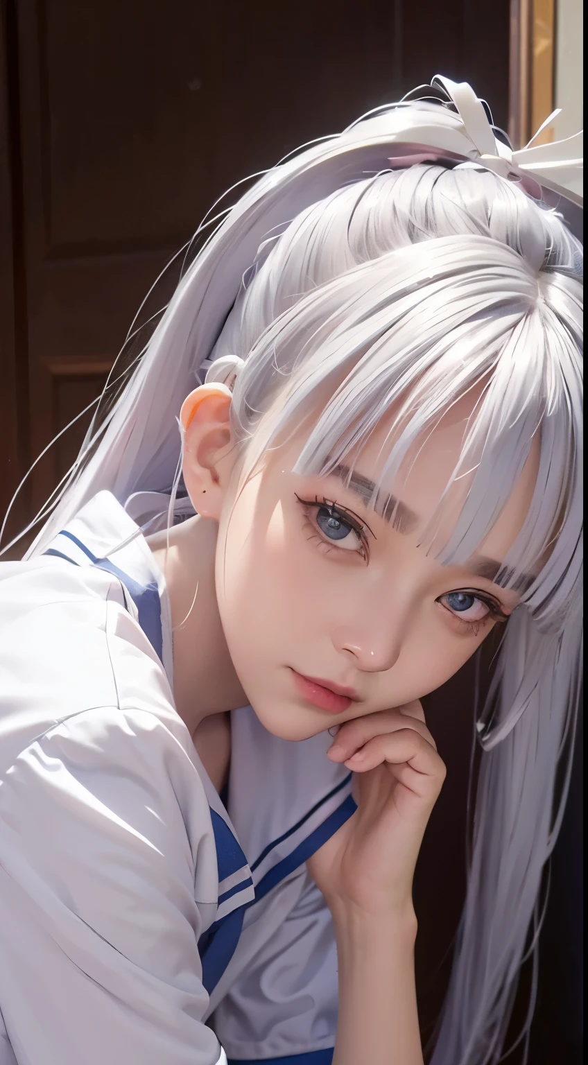 A close up of a person with a white hair and a blue dress - SeaArt AI