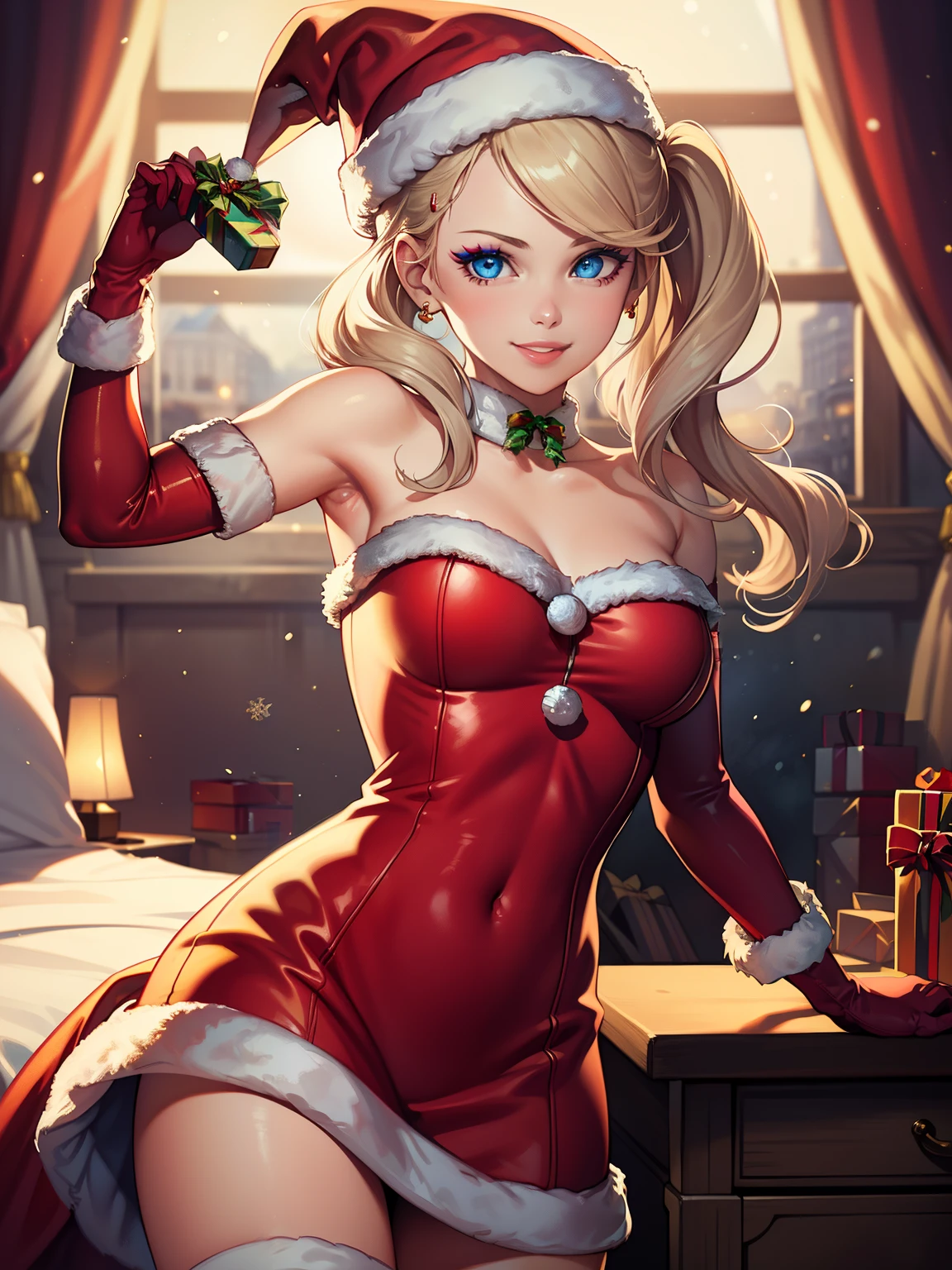 1girl, solo, masterpiece, best quality, high res, highly detailed, (illustration), beautiful detailed eyes, AnnTak, blue eyes ,glossy lips, makeup, smile, long white elbow gloves, cowboy shot, (santa), red santa dress, santa hat, strapless dress, white elbow gloves