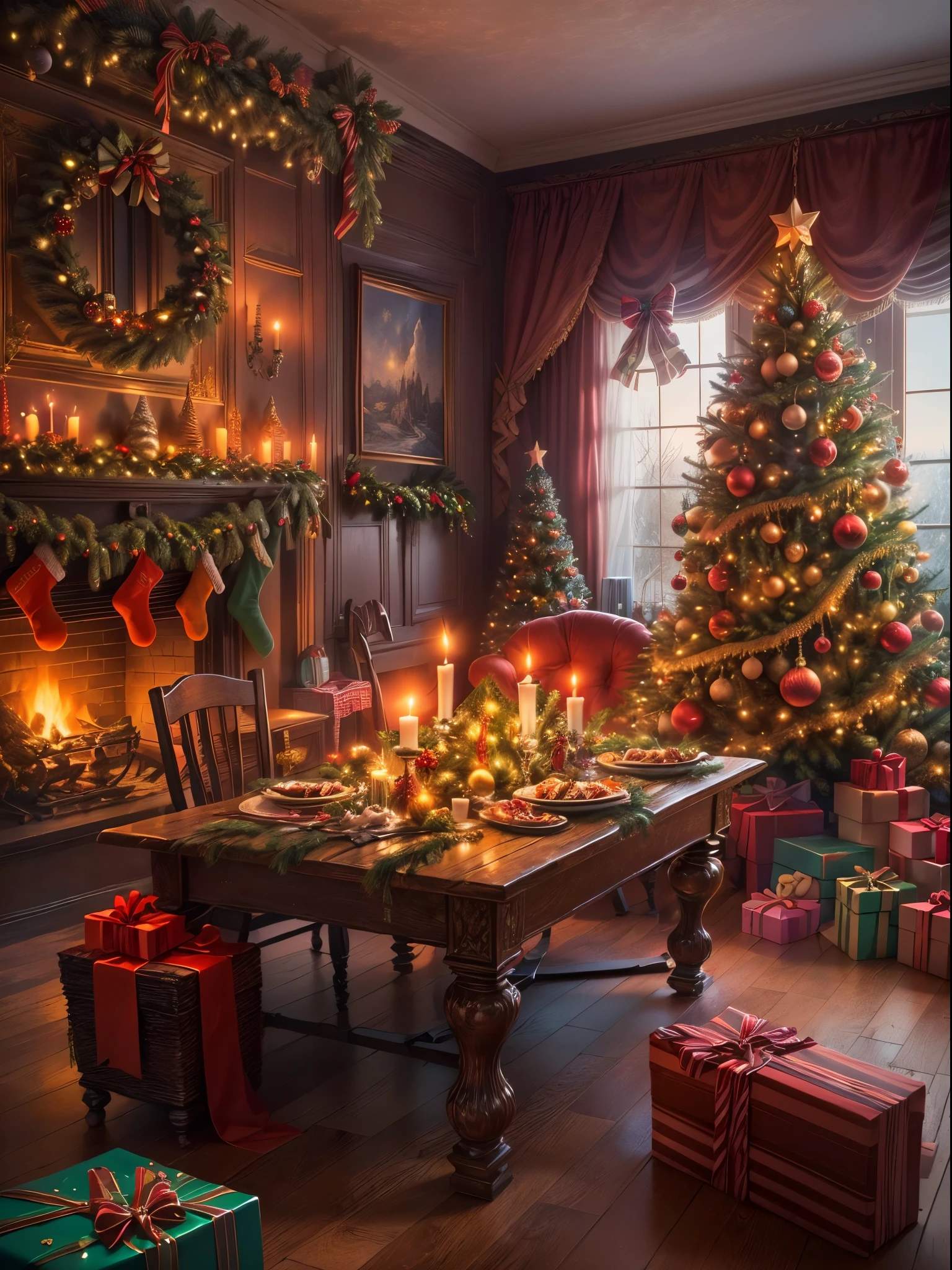 (Masterpiece: 1.2), (Long shot: 1.8), Vibrant colors, magical atmosphere, whimsical, ((starry sky with North Star shining)), (European style interior house, Christmas decorations, fireplace with residual warmth , colored lights hanging on the stairs, gifts wrapped in colorful  under the Christmas tree, pile of gifts on the floor, wooden floor, decorated pine tree, parquet floor, mantel, red and green, Christmas atmosphere, traditional Christmas, Festive atmosphere, Merry Christmas, gift tags, Christmas wreaths, decorations, tinsel ribbons, Christmas tree lights, candies, gingerbread men, lights), (The room is decorated in a strong Christmas atmosphere. A string of shining ones hangs on the wall Colored lights, a Christmas wreath and a small snowman are placed on the windowsill, and a beautifully decorated Christmas tree stands in the corner of the room. (On the table, there are exquisite tableware and red plates. In the center of the table, there is a rich Christmas feast , next to a bottle of red wine and two exquisite wine glasses, bringing warmth and comfort to the entire room). (First Person View, Ultra HD, Masterpiece, Accurate, Anatomically Correct, Textured Skin, Super Detailed, High Detailed, High Quality, Award-Winning, Best Quality, 8K), Surreal, Psychedelic, Intricate Details, Textured, Ethereal, Dream-like, Soft Glowing Light, Mesmerizing Patterns, Fantasy Creatures, Hidden surprises, dreamlike landscapes, surreal color palette, mystical aura, surreal, enchanting journey, psychedelic trip, vivid imagination, immersive experience, mysterious creatures, otherworldly charm, glowing path, illuminated Magical Christmas, surreal sky, whimsical Christmas-themed room, a magical encounter, enchanting artwork, (super high saturation, vivid and bright: 1.8)