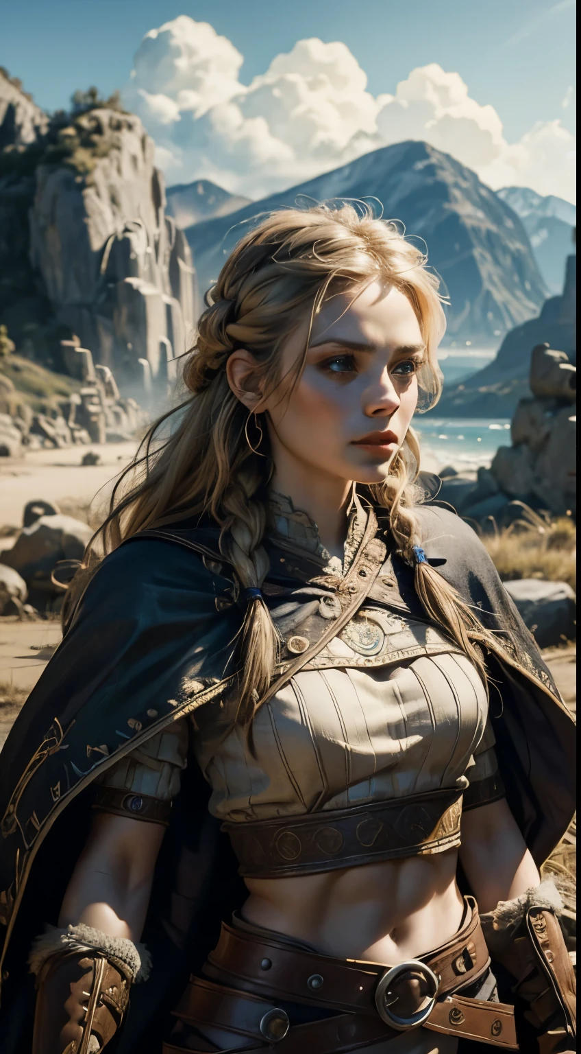 1 woman, mature woman, solo focus, 25 years old, beautiful Swedish woman, brutish, toned body, braided hair, viking costume, toned abs, medium breasts, bluish eyes, holding battle axe, screaming, masterpiece, ultra HD, insane details, realistic, detailed face, face paint, detailed skin texture, background battle field, dynamic angle