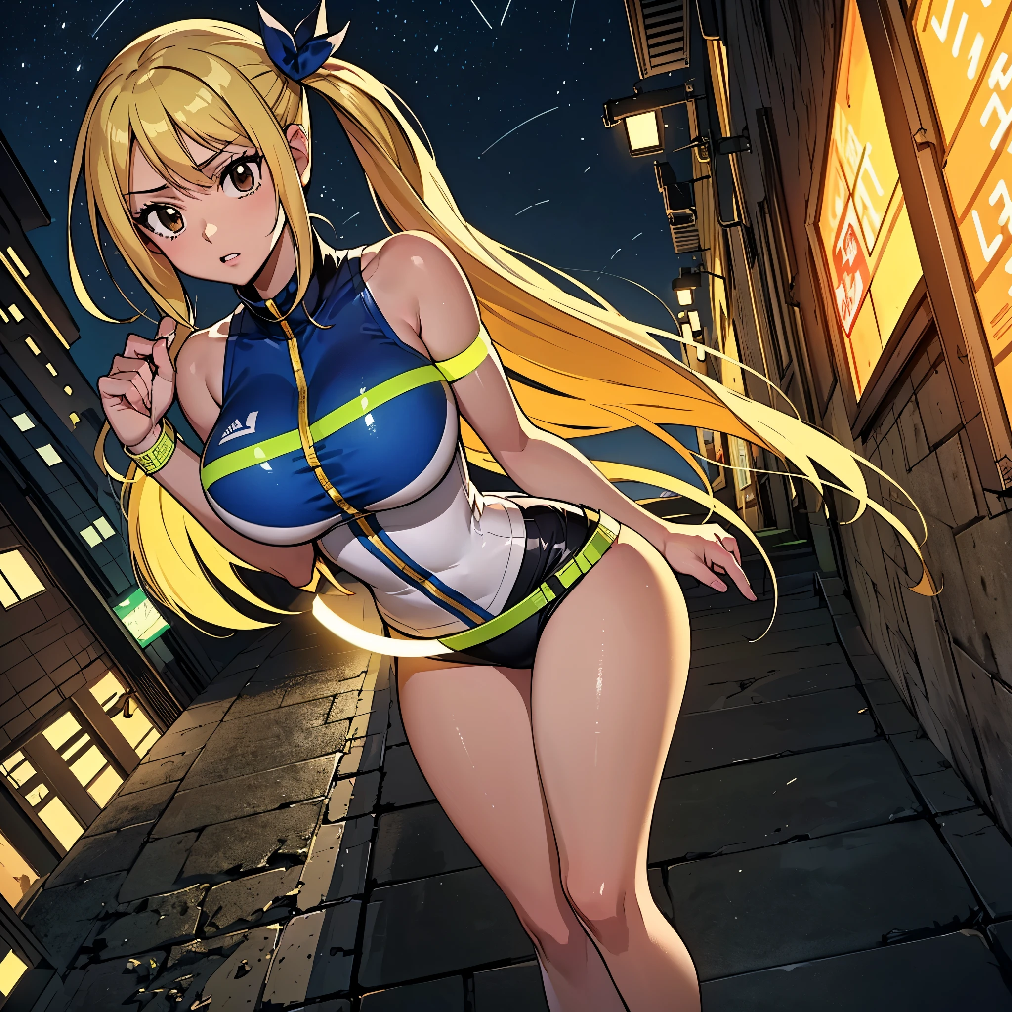 {1 woman},masutepiece++, Best Quality++, Ultra-detailed+, 超A high resolution,(Photorealistic:1.4),lucy heartfilia,Raw photo,(lucy heartfilia)+,(lucy heartfilia)+,clavicle, blondehair, Long hair, Side Ponytail, very aesthetic, Best Quality, unreasonable reason, Brainwashed,}}}(Opening legs）、Ultra-detailed細な8K、huge-breasted、Perfect female body,}}}} cyberpunk, Dark Lab, darkened room,(Neon light:1.2), (Night:1.5)（（low angles））