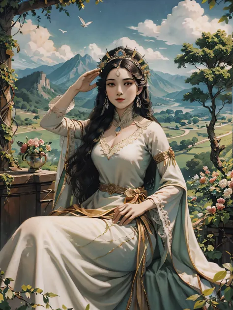 long hair girl bust，beautiful headdress，precious stones，dignified and beautiful，that bird，beautiful picture quality，noble，luxury...