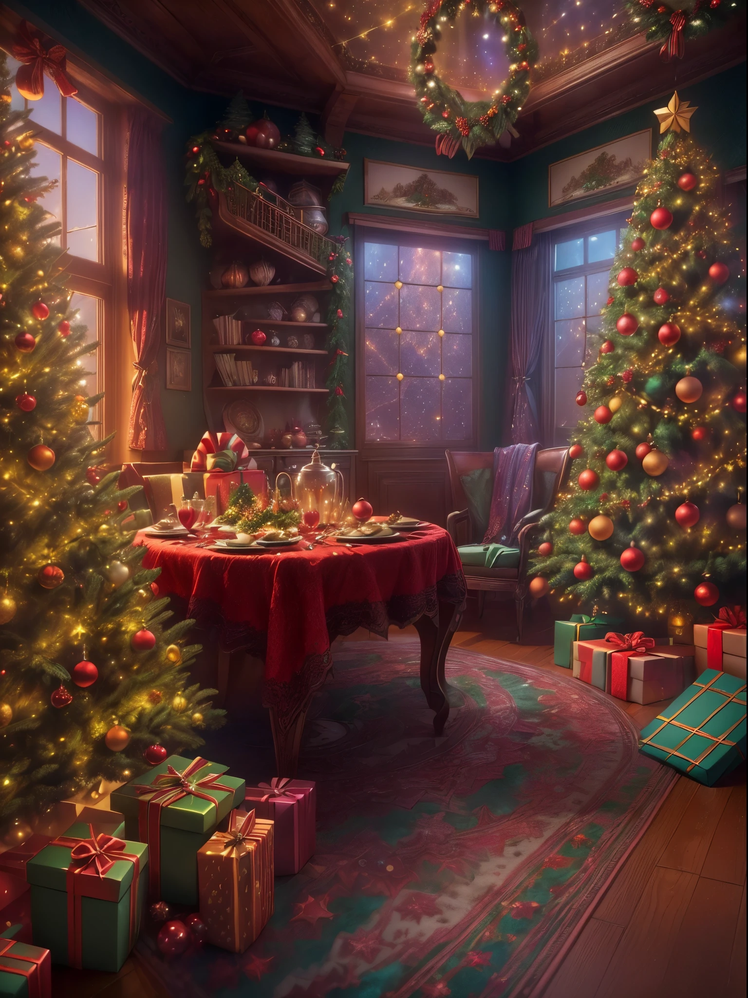 (Masterpiece: 1.2), (Long shot: 1.8), Vibrant colors, magical atmosphere, whimsical, ((starry sky with North Star shining)), (European style interior house, Christmas decorations, fireplace with residual warmth , colored lights hanging on the stairs, gifts wrapped in colorful  under the Christmas tree, pile of gifts on the floor, wooden floor, decorated pine tree, parquet floor, mantel, red and green, Christmas atmosphere, traditional Christmas, Festive atmosphere, Merry Christmas, gift tags, Christmas wreaths, decorations, tinsel ribbons, Christmas tree lights, candies, gingerbread men, lights), (The room is decorated in a strong Christmas atmosphere. A string of shining ones hangs on the wall Colored lights, a Christmas wreath and a small snowman are placed on the windowsill, and a beautifully decorated Christmas tree stands in the corner of the room. (On the table, there are exquisite tableware and red plates. In the center of the table, there is a rich Christmas feast , next to a bottle of red wine and two exquisite wine glasses, bringing warmth and comfort to the entire room). (First Person View, Ultra HD, Masterpiece, Accurate, Anatomically Correct, Textured Skin, Super Detailed, High Detailed, High Quality, Award-Winning, Best Quality, 8K), Surreal, Psychedelic, Intricate Details, Textured, Ethereal, Dream-like, Soft Glowing Light, Mesmerizing Patterns, Fantasy Creatures, Hidden surprises, dreamlike landscapes, surreal color palette, mystical aura, surreal, enchanting journey, psychedelic trip, vivid imagination, immersive experience, mysterious creatures, otherworldly charm, glowing path, illuminated Magical Christmas, surreal sky, whimsical Christmas-themed room, a magical encounter, enchanting artwork, (super high saturation, vivid and bright: 1.8)