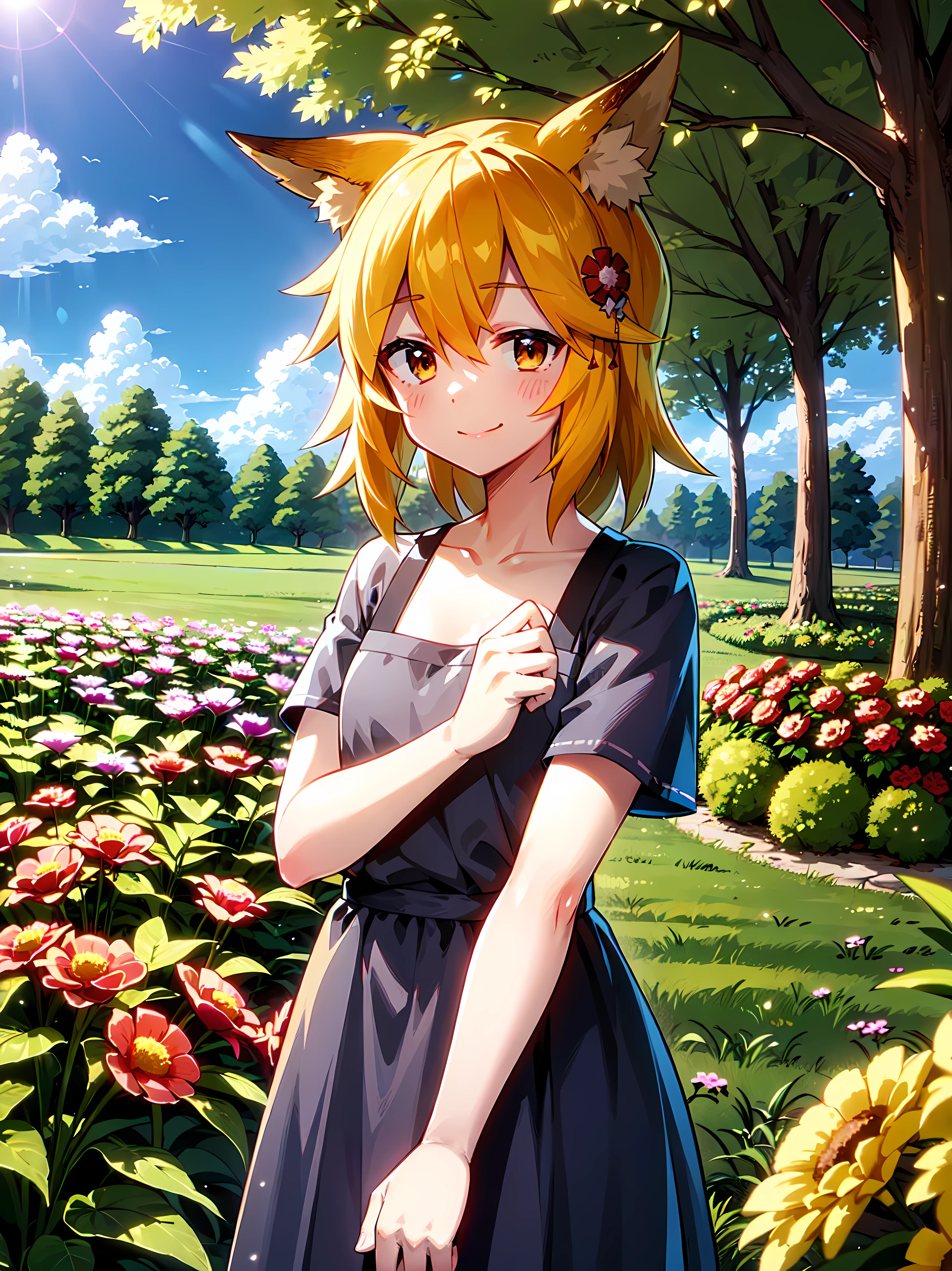 (Best Quality,4k,hight resolution,Masterpiece:1.2),detailed fox ears, multicolored flowers, field with beautiful trees, max detail, village, at home, Beautiful cloud, shy smile.