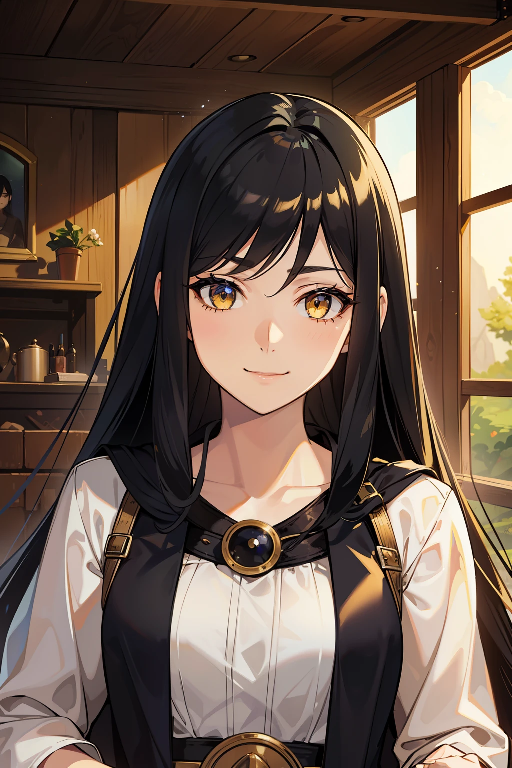 (high-quality, breathtaking),(expressive eyes, perfect face) portrait, 1girl, female, solo, adult woman, age late 20's, black hair, yellow golden eye color, long hair length, soft wavy hair, gentle smile, loose hair, side bangs, looking at viewer, portrait, happy expression, fantasy clothing, blacksmith, blacksmith clothing, blacksmith profession, elegant, mature, height 5"6,