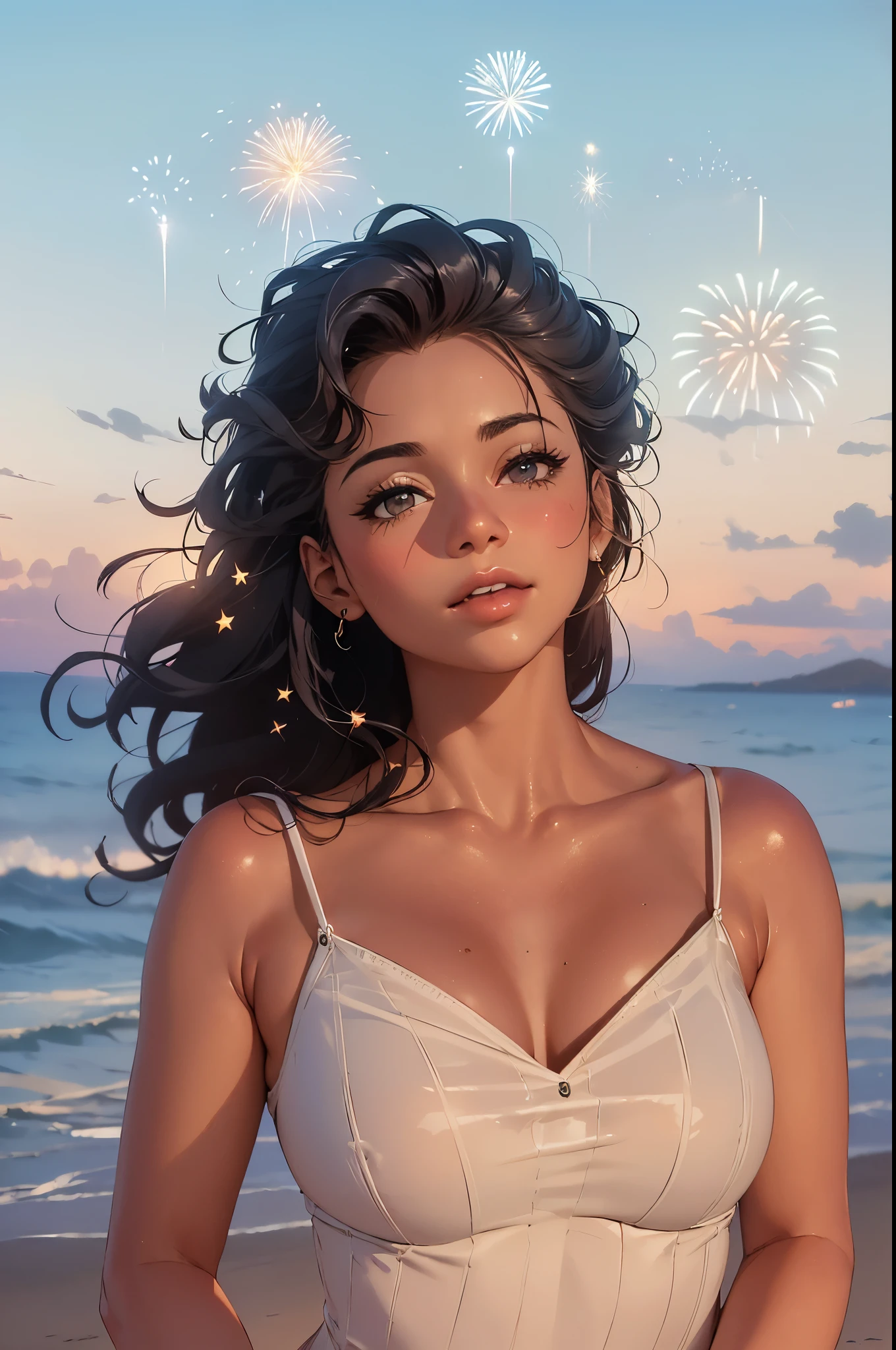 arafed woman with curly hair standing on a beach near the ocean,(Fireworks in the vast night sky:1.5),(top-quality,8K,32K,​masterpiece,nffsw:1.3),(Photorealsitic:1.4),Raw photography,Wide Angle,hair adornments,Elegant Pose,skyrocket,Fireworks glare,depth of fields,lensflare,
