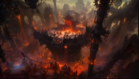 chinese fantasy concept art，nipple chain，stone pillar，huge gears，chinese hell scene，chinese fantasy scene，