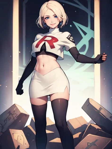 warMercedes, short hair ,glossy lips ,team rocket uniform, red letter R, white skirt,white crop top,black thigh-high boots, blac...