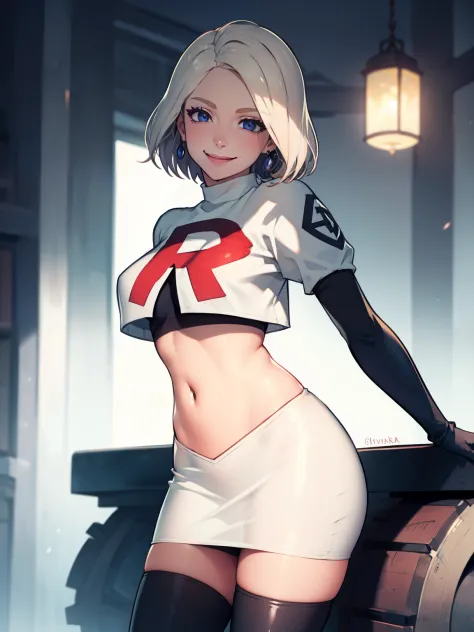 warmercedes, short hair ,glossy lips ,team rocket uniform, red letter r, white skirt,white crop top,black thigh-high boots, blac...