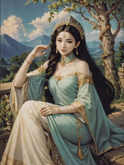 long hair girl bust，beautiful headdress，precious stones，dignified and beautiful，that bird，the picture quality is beautiful，noble...