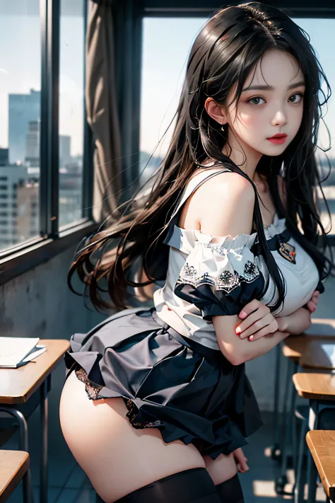 ( Female student standing in the classroom)，Charming eyes，Heartwarming action，Turn your face away from the camera，stooped，Bend over，turn back，Look up at your head，thick and long black hair，Highly detailed body，Highly detailed face，best qualtiy、(P boobs iNK...