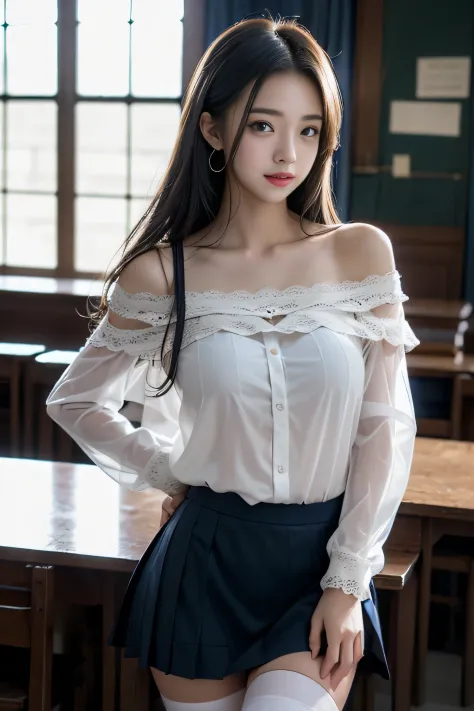 A perfect young female white-collar worker，Chinese big breasts，High picture  quality，Works of masters，Black hair，Long hair shawl，Long hair flowing over  the shoulders，cropped shoulders，鎖骨，exquisite face，Hydrated red lips，Pink  lace-trimmed