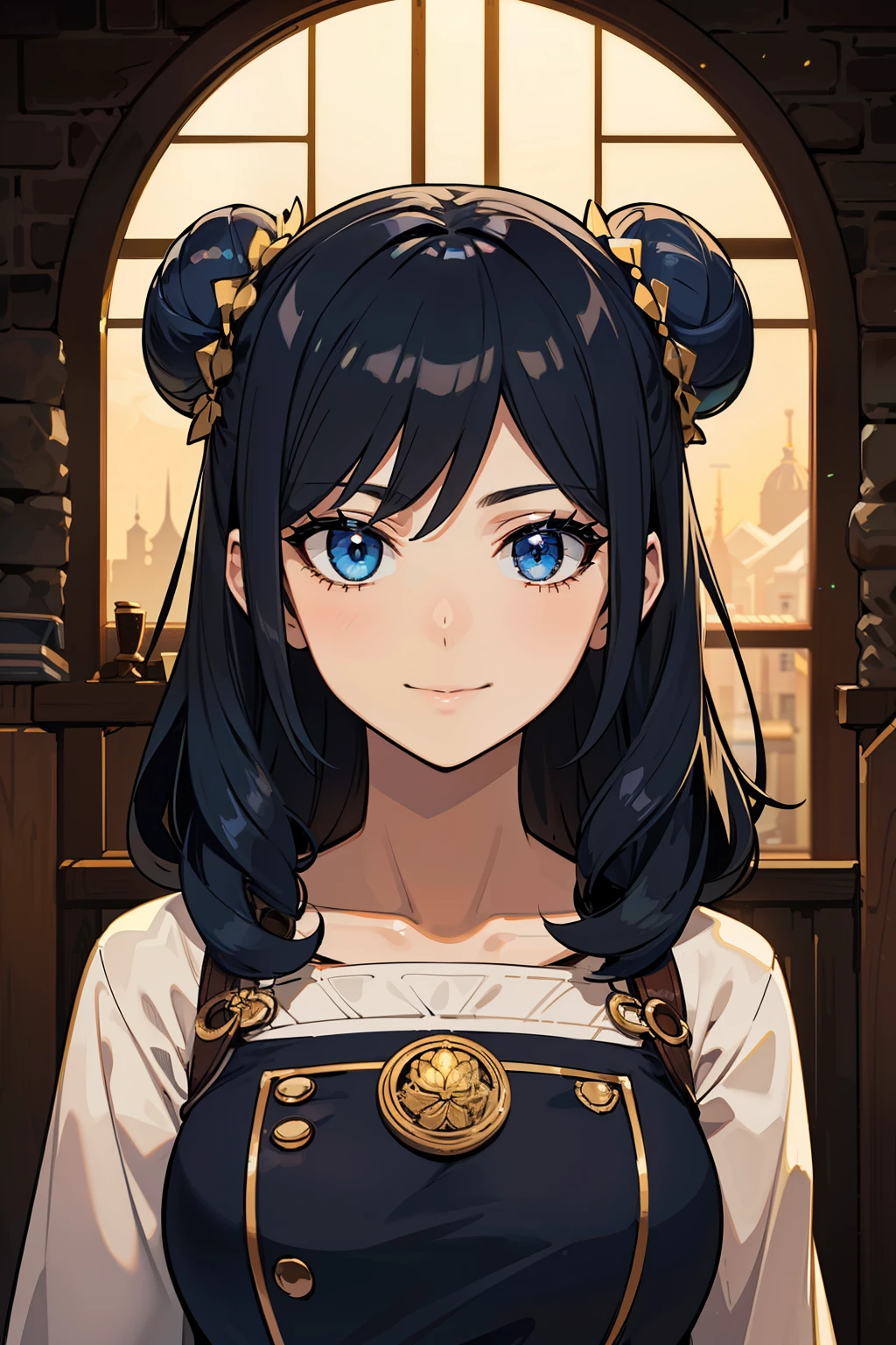 (high-quality, breathtaking),(expressive eyes, perfect face) portrait, 1girl, female, solo, adult woman, age late 20's, black hair, yellow golden eye color, medium hair length, soft wavy hair, gentle smile, side bangs, looking at viewer, portrait, happy expression, fantasy clothing, blacksmith, blacksmith clothing, blacksmith profession, elegant, mature, height 5"6, tied back hair, blue lighting in hair, stylized hair, Elegant Looped Bun