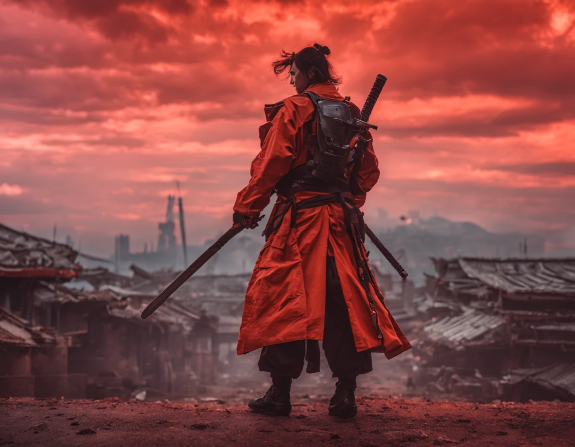 Retro futuristic Samurai with a laser Katana, wandering in the wastelands, Red Armour and laser Katana, Beautiful background, Melancholic scene, low angle, Raining and orange clouds