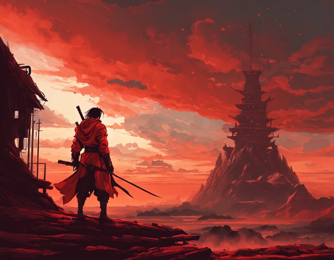 Retro futuristic Samurai with a laser Katana, wandering in the wastelands, Red Armour and laser Katana, Beautiful background, Melancholic scene, low angle, Raining and orange clouds