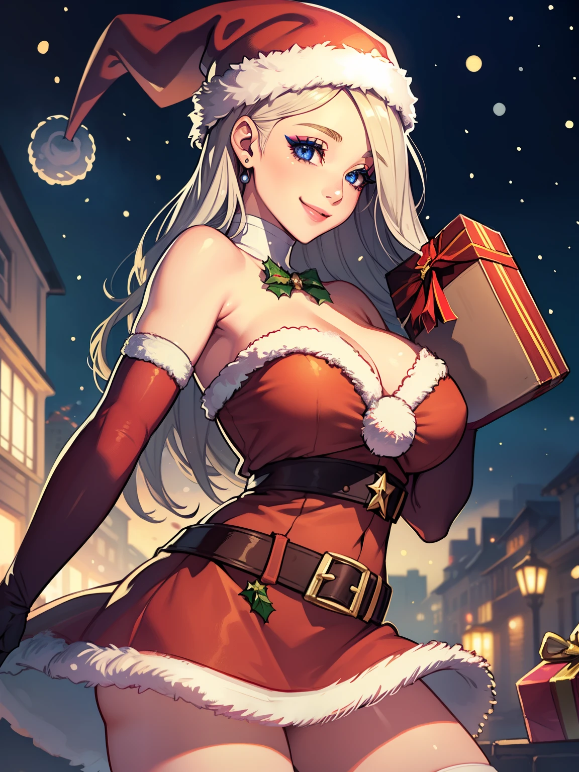 1girl, solo, masterpiece, best quality, high res, highly detailed, (illustration), beautiful detailed eyes, warMercedes ,glossy lips, makeup, smile, long white elbow gloves, cowboy shot, (santa), red santa dress, santa hat, strapless dress, white elbow gloves