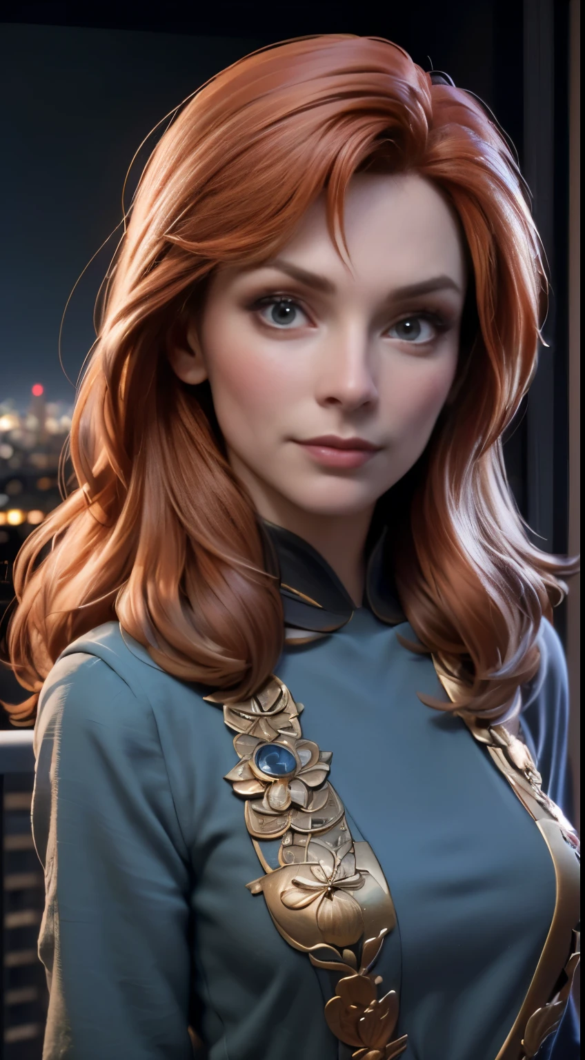 photo of Gates McFadden, RAW, beautiful woman, ((portrait)), ((detailed face:1.2)), ((detailed facial feature, detailed skin, clear skin), (perfect proportioned body), (wearing a colorful dress) (high detailed city environment, apartment balcony), (realistic photo, best quality, detailed), (8k wallpaper), (cinematic lighting, dramatic lighting) (sharp focus, intricate)