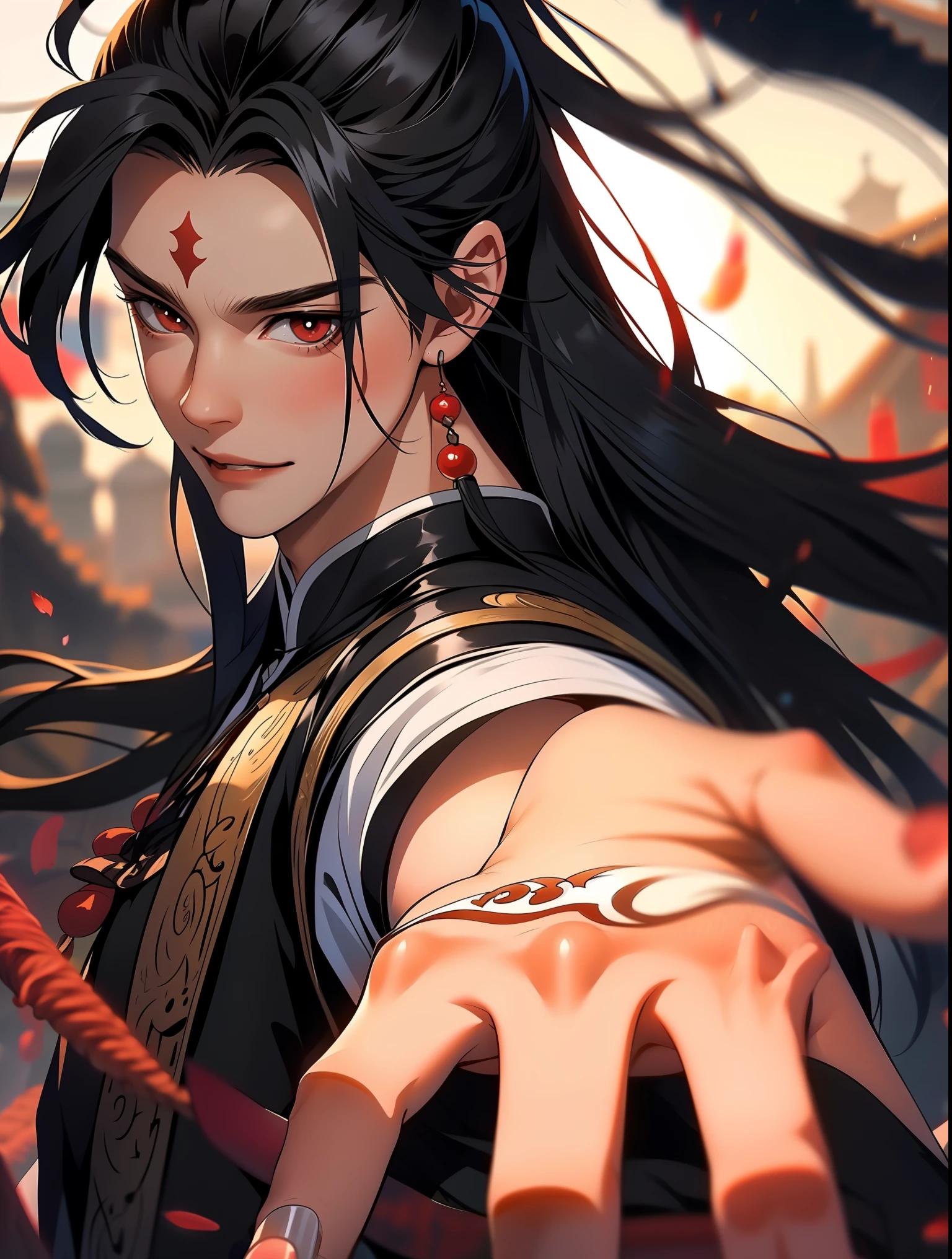 xianxia, 1 boy, malefocus, Alone, black hair color hair, red eyes, Japanese clothes, magia circle, tattoo is, looking at viewert, Common, Upper part of the body, shut up, black Common, Serious, magia, Long gray hair