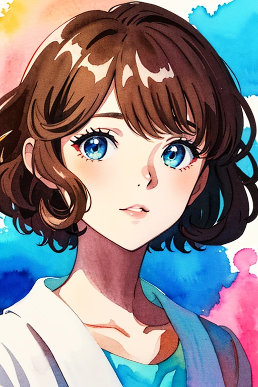 radiance, soft contours, detailed background, bright colors,
girl, watercolor, kyoani style, curly brown hair, blue eyes, teenage American girl,   half body portrait, pastel colors, ink, watercolor background