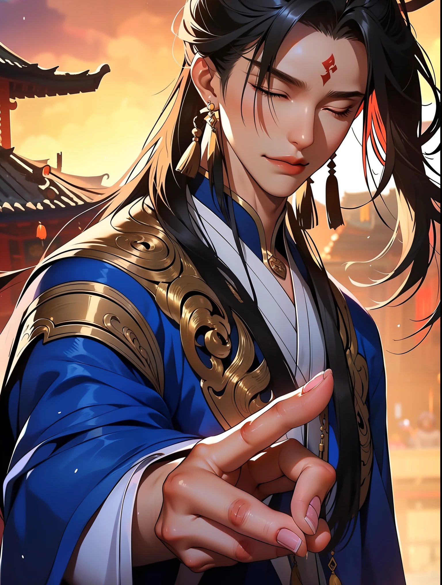 ffxianxiaff, male focus, long hair, 1boy, closed eyes, jewelry, black hair, earrings, hair between eyes, chinese clothes, tassel, bangs, long sleeves, solo, sleeping, closed mouth, architecture, east asian architecture, smile, tassel earrings, upper body