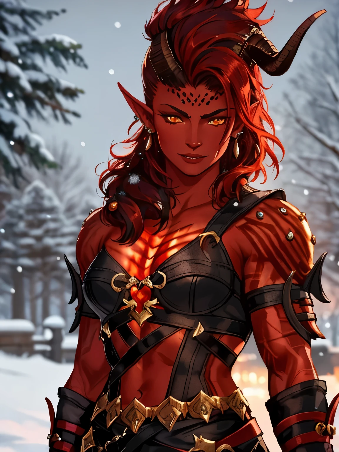 A woman with horns and a red outfit standing in the snow - SeaArt AI