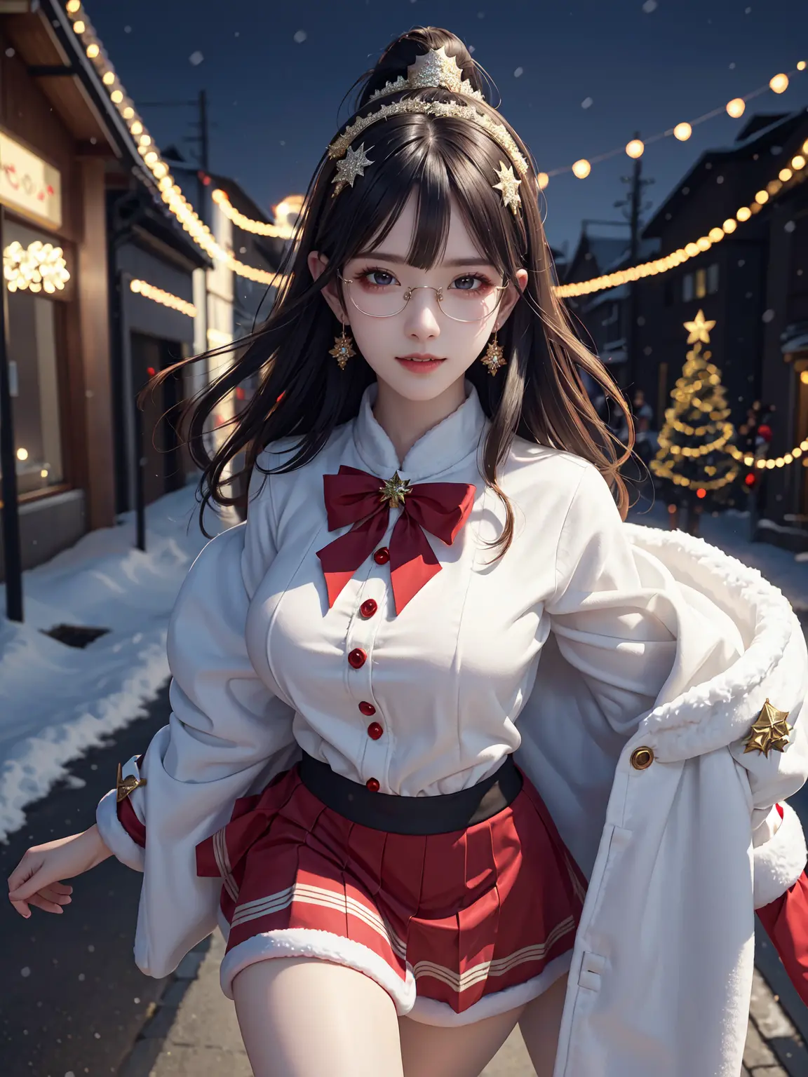 (masterpiece:1.3), live wallpaper, top-quality, Beautifully Aesthetic:1.2, ((1 girl)), solo, (red and white colors christmas uni...