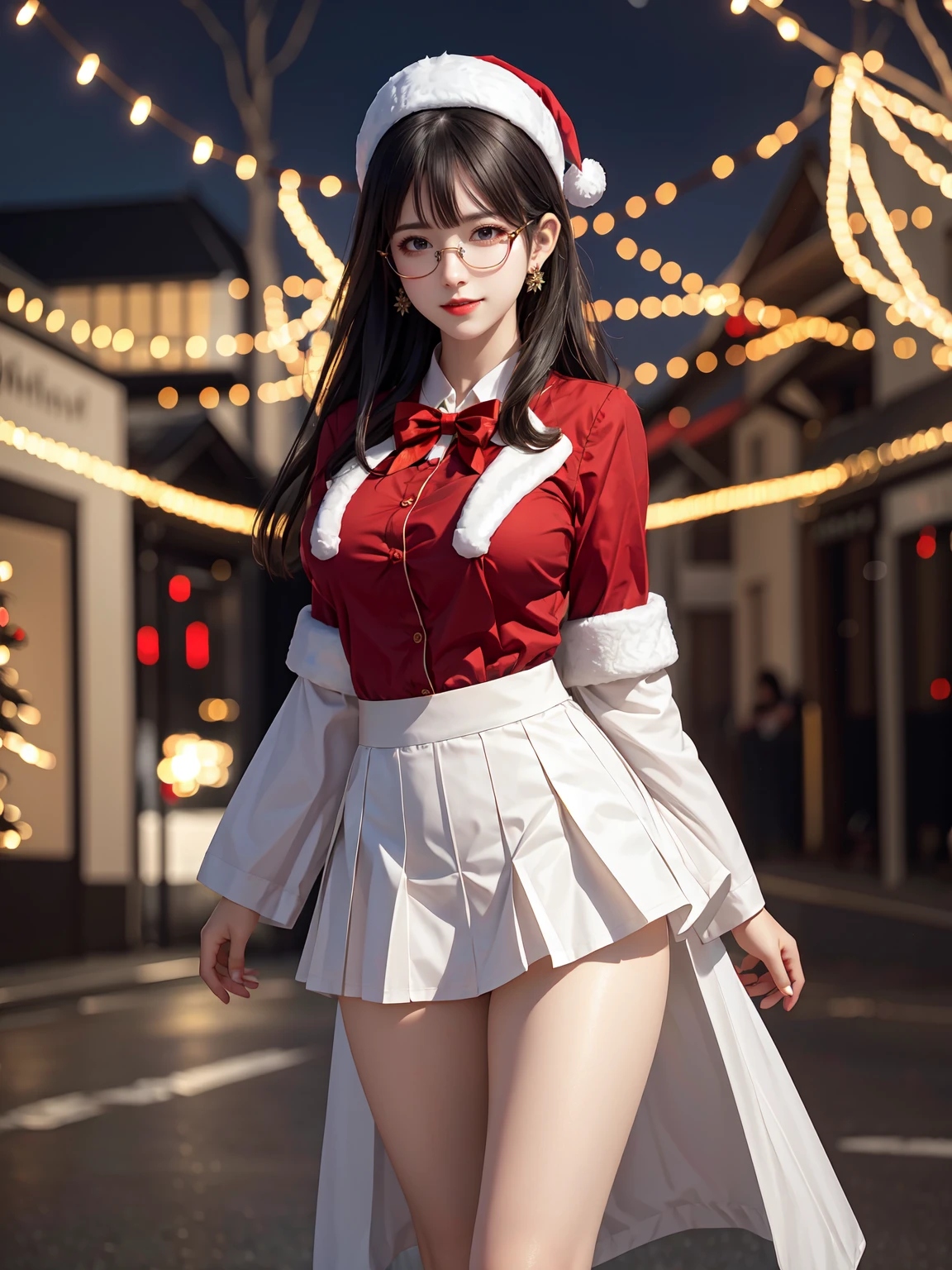 (masterpiece:1.3), live wallpaper, top-quality, Beautifully Aesthetic:1.2, ((1 girl)), solo, (red and white colors christmas uniform, shirt, long skirt), (black brown Hair, Straight hair, short hair), detailed face, detailed eyes, detailed ears, detailed lips, ((eye-glasses)), (perfect body (firm breast, nicely shaped breasts, slender figure)), (arms behind back), (Upper body shot:1.1), (From front:1.3), (Looking at viewer, smiling), (elegant stylish contraposto pose:1.2), (walking on the modern street at Christmas night with snow:1.3), christmas night, christmas tree, christmas gifts, snow, ((At the middle of christmas celebration decorated for christmas :1.2)), intricate background, ultra realistic background