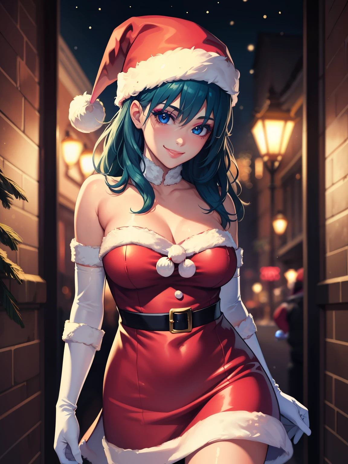 1girl, solo, masterpiece, best quality, high res, highly detailed, (illustration), beautiful detailed eyes, fembyleth ,glossy lips, makeup, smile, long white elbow gloves, cowboy shot, (santa), red santa dress, santa hat, strapless dress, white elbow gloves