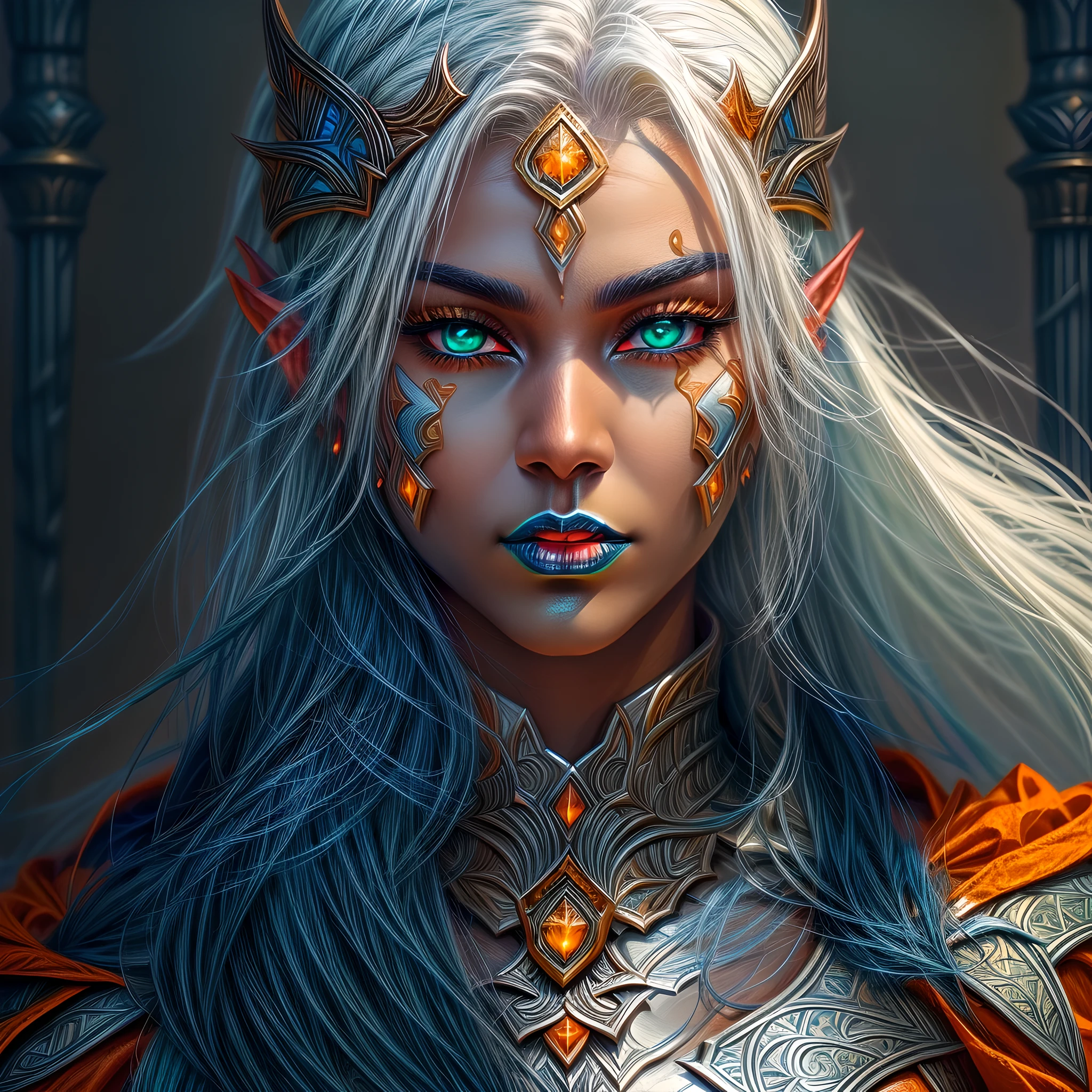 fantasy art, dnd art, RPG art, wide shot, (masterpiece: 1.4) portrait, intense details, highly detailed, photorealistic, best quality, highres, portrait a vedalken female (fantasy art, Masterpiece, best quality: 1.3) ((dark blue skin: 1.5)), intense details facial details, exquisite beauty, (fantasy art, Masterpiece, best quality) cleric, (blue colored skin: 1.5) 1person blue_skin, blue skinned female, (white hair: 1.3), long hair, intense green eye, fantasy art, Masterpiece, best quality) armed a fiery sword red fire, wearing heavy (white: 1.3) half plate mail armor CM-Beautiful_armor wearing high heeled laced boots, wearing an(orange :1.3) cloak, wearing glowing holy symbol GlowingRunes_yellow, within fantasy temple background, reflection light, high details, best quality, 16k, [ultra detailed], masterpiece, best quality, (extremely detailed), close up, ultra wide shot, photorealistic, RAW, fantasy art, dnd art, fantasy art, realistic art,