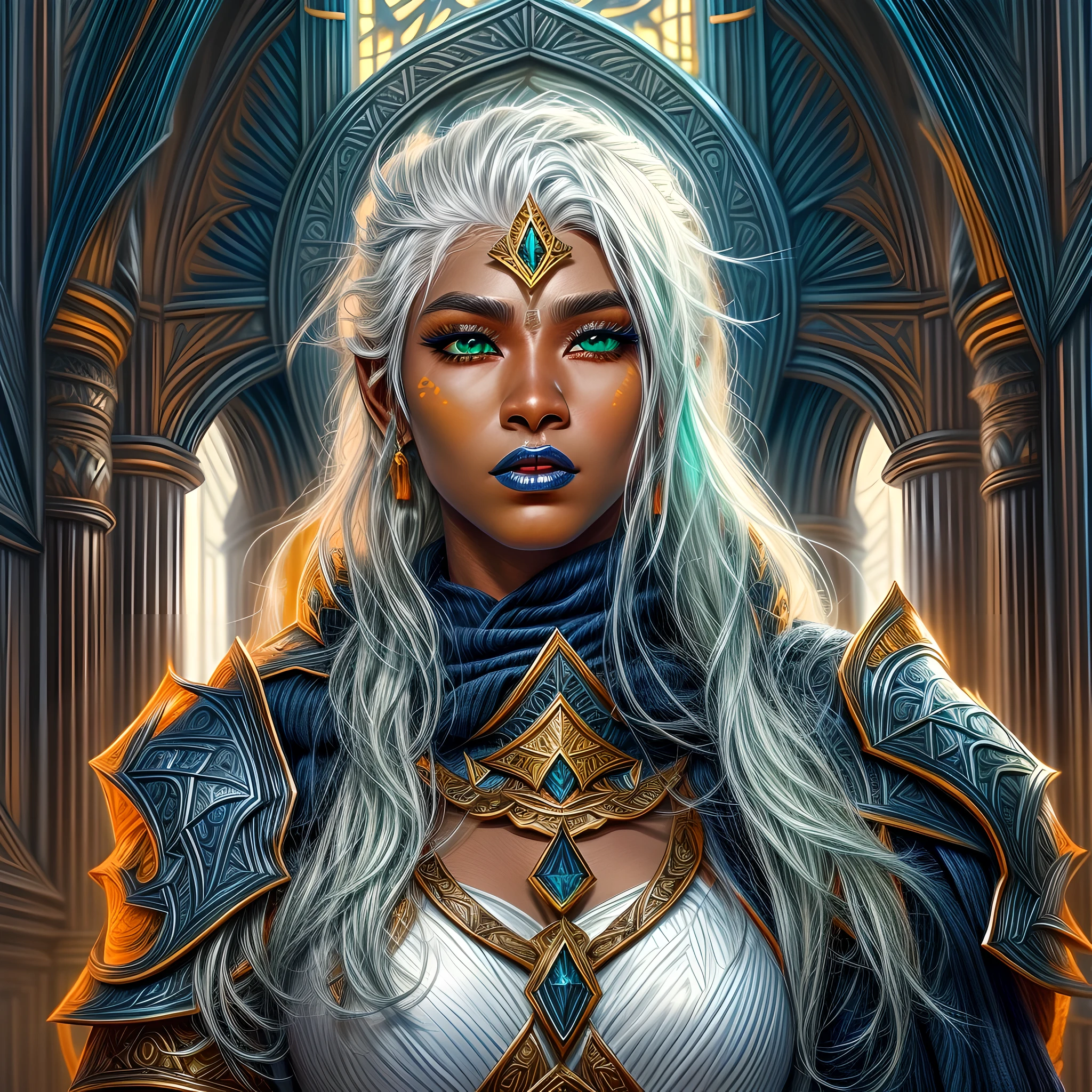 fantasy art, dnd art, RPG art, wide shot, (masterpiece: 1.4) portrait, intense details, highly detailed, photorealistic, best quality, highres, portrait a vedalken female (fantasy art, Masterpiece, best quality: 1.3) ((dark blue skin: 1.5)), intense details facial details, exquisite beauty, (fantasy art, Masterpiece, best quality) cleric, (blue colored skin: 1.5) 1person blue_skin, blue skinned female, (white hair: 1.3), long hair, intense green eye, fantasy art, Masterpiece, best quality) armed a fiery sword red fire, wearing heavy (white: 1.3) half plate mail armor CM-Beautiful_armor wearing high heeled laced boots, wearing an(orange :1.3) cloak, wearing glowing holy symbol GlowingRunes_yellow, within fantasy temple background, reflection light, high details, best quality, 16k, [ultra detailed], masterpiece, best quality, (extremely detailed), close up, ultra wide shot, photorealistic, RAW, fantasy art, dnd art, fantasy art, realistic art,