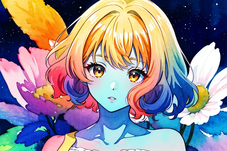 radiance, soft contours, detailed background, bright colors,
Alien girl, watercolor, kyoani style, blue skin, curly rainbow hair...