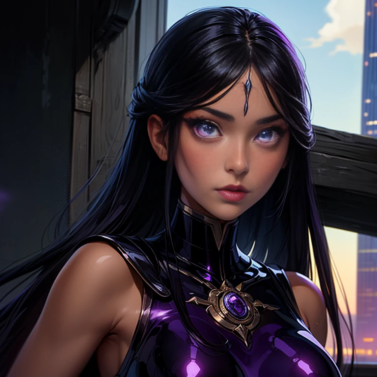 (masterpiece, best quality),1girl with long purple-black hair standing on the edge of a sky scraper, swedish face with sharp features, warm lighting,  glowing purple eyes, golden-tan skin,detailed-beautiful eyes,gothic fantasy armour, purple make-up