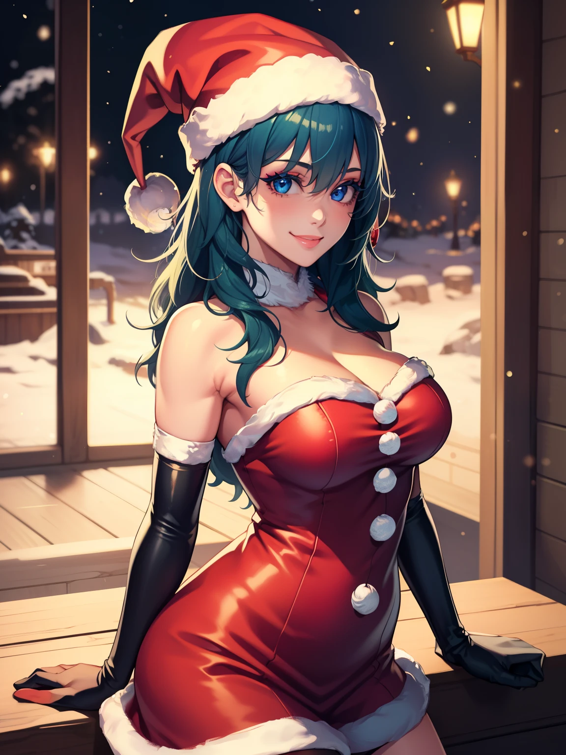 1girl, solo, masterpiece, best quality, high res, highly detailed, (illustration), beautiful detailed eyes, fembyleth ,glossy lips, makeup, smile, long white elbow gloves, cowboy shot, (santa), red santa dress, santa hat, strapless dress, white elbow gloves