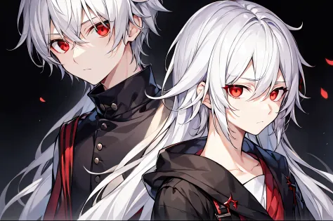 1boy, White hair, Red-eyed boy,  hair messy、Wearing black clothes、deadpan