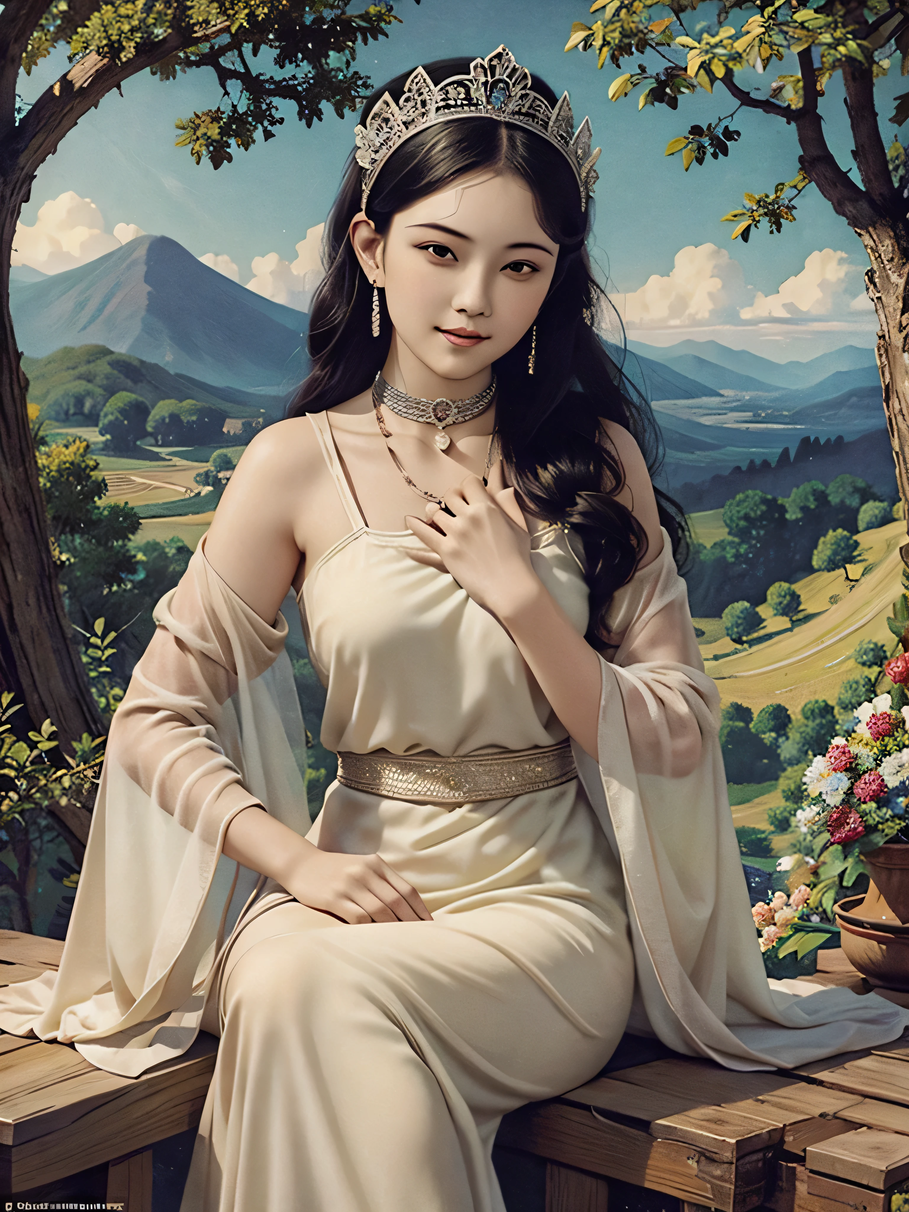 long hair girl bust，beautiful headdress，precious stones，choker necklace，Flowers，agates，Dignified and beautiful，That bird，The picture quality is beautiful，noble，Luxury，玫瑰Flowers结，vines around，rattan box，Remnants of ancient civilizations，that tree，magnificent mountains in the distance，​​clouds，mystical forest，middle ingredient，tmasterpiece，k hd，Best quality，