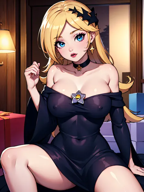 ((high detailed, best quality, 4k, masterpiece, hd:1.3)), ((best quality)), ((HD)), ((8k)), (ultraHD), Inside log cabin, bonfire, Christmas Tree, X-Mas tree, Rosalina holding gifts, gifts, presents, BREAK blue eyes, seductive, attractive, smooth anime cg a...