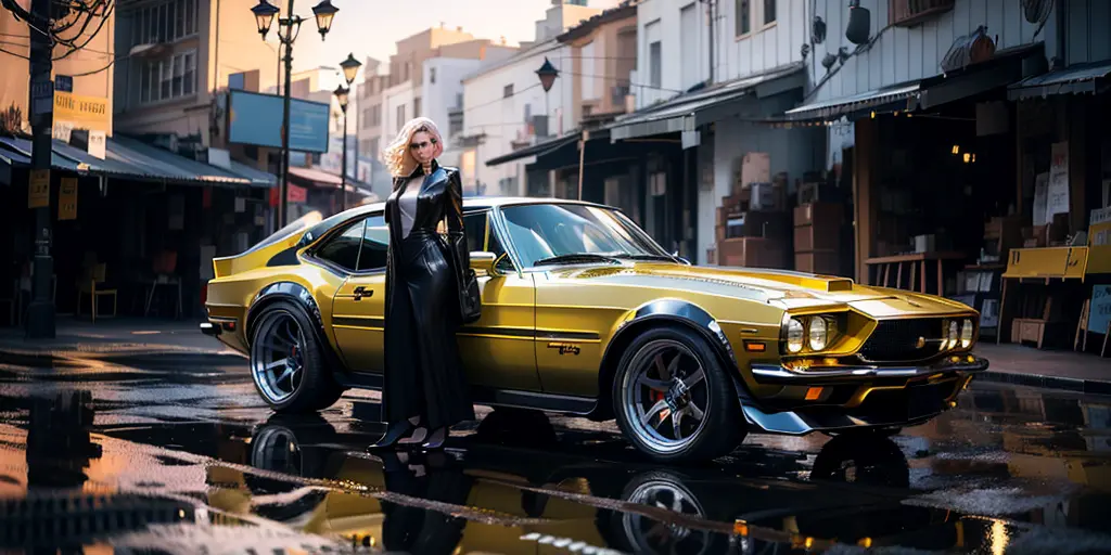 A charismatic woman standing next to a yellow car on a city street, fashion shoot 8k, 8k octan advertising photo, 4k fashion sho...