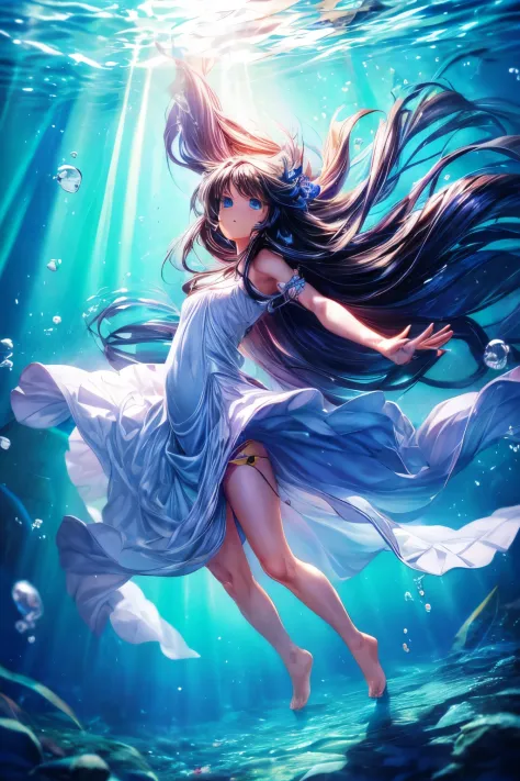 wide shot, (solo:1.3), dramatic angle, (underwater:1.2), masterpiece, best quality, intricate detail, 1girl, swimming, loli, (long hair:1.2), solo, expressionless, blue eyes, looking_up, shoulder strap dress, floating hair, floating clothes, god rays, bubb...