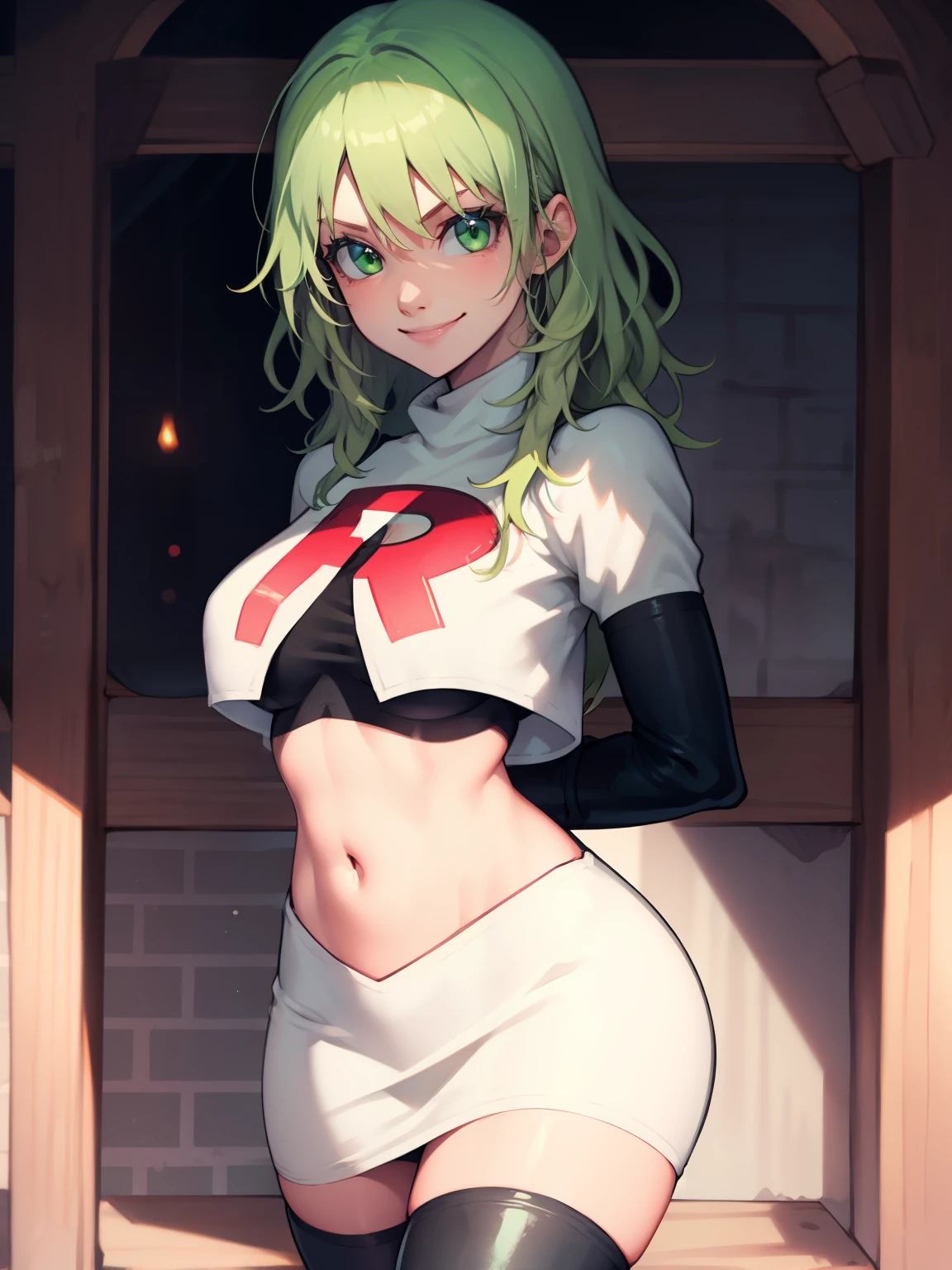 fembyleth, light green hair ,glossy lips ,team rocket uniform, red letter R, white skirt,white crop top,black thigh-high boots, black elbow gloves, evil smile, looking at viewer, cowboy shot