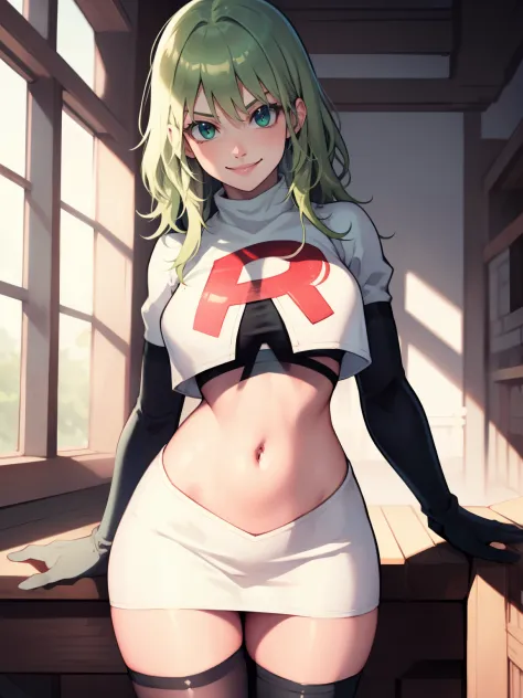 fembyleth, light green hair ,glossy lips ,team rocket uniform, red letter r, white skirt,white crop top,black thigh-high boots, ...