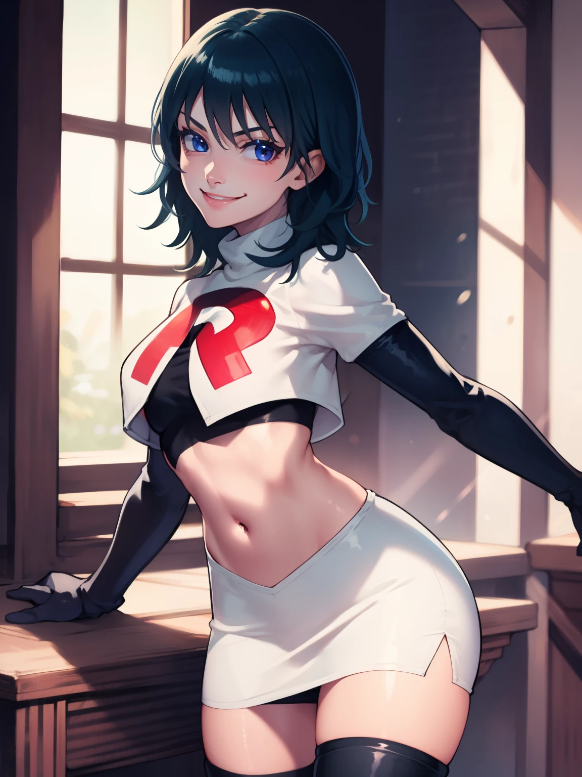 fembyleth,short hair ,glossy lips ,team rocket uniform, red letter R, white skirt,white crop top,black thigh-high boots, black elbow gloves, evil smile, looking at viewer, cowboy shot