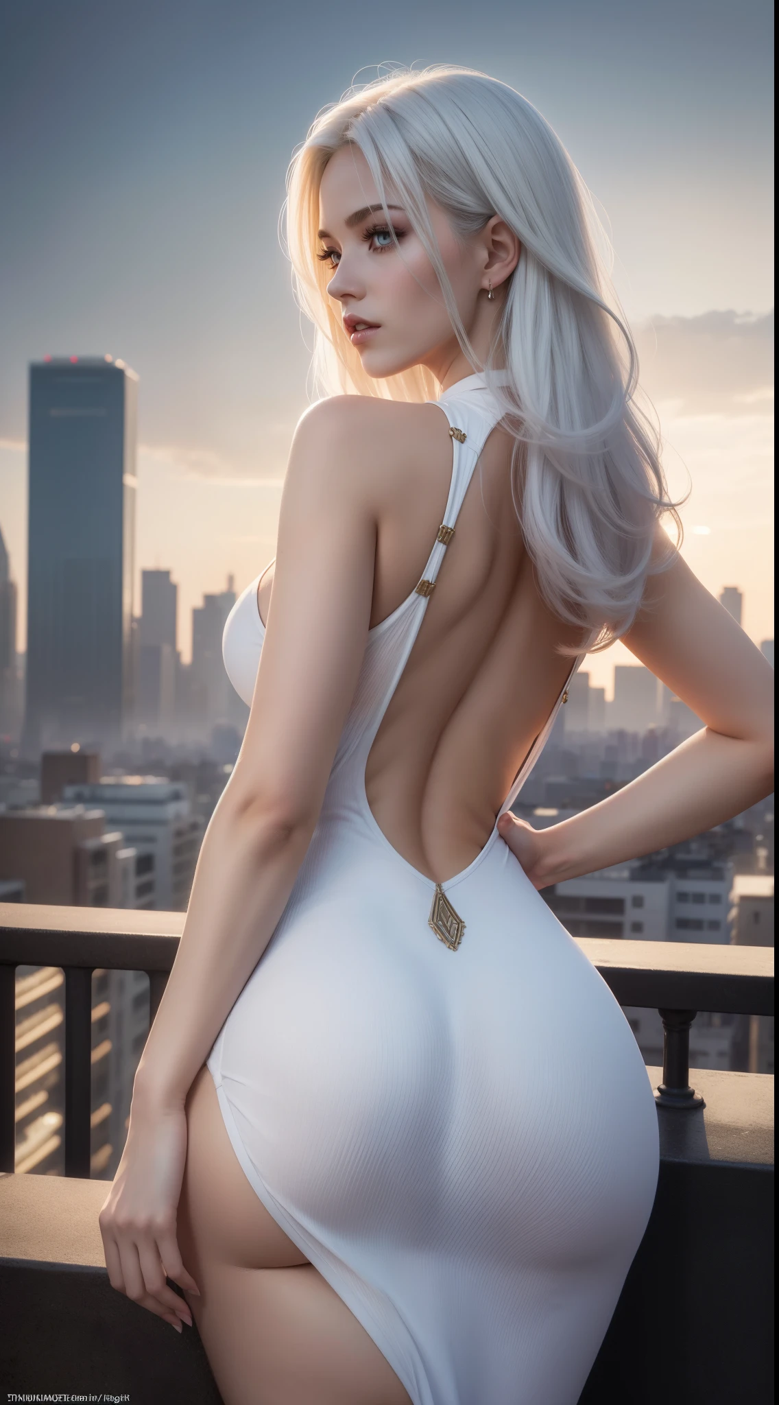 Masterpiece, Best quality, (Photorealistic:1.4), full bodyesbian, (dress:1.1), view over city, Cinematic light, Beautiful woman, ((From behind)), Skinny, huge breasts, huge ass, White hair, rim, Detailed face,
