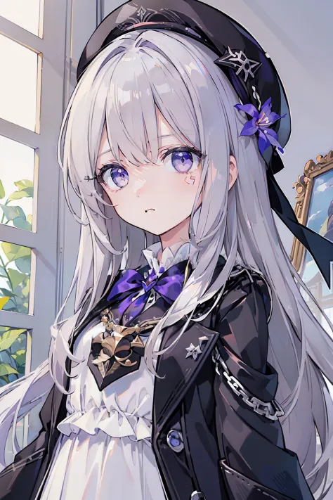 (best quality:1.3), (masterpiece:1.3), (illustration:1.3), (ultra-detailed:1.3), 1girl, solo, very young, flat chest, purple eyes, white hair, long hair, white dress, black coat, upper body, black headwear, beret, serious expression, angry expression, look...