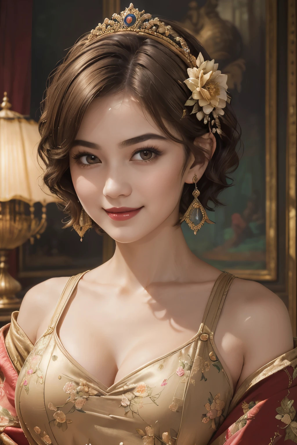 140
(a 20 yo woman,in the palace), (A hyper-realistic), (high-level image quality), ((beautiful hairstyle 46)), ((short-hair:1.46)), (kindly smile), (breasted:1.46), (lipsticks), (is wearing dress), (murky,wide,Luxurious room), (florals), (an oil painting、Rembrandt)