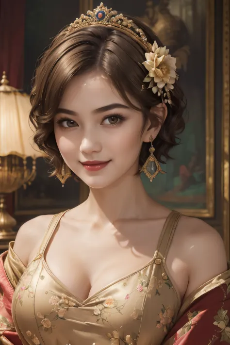 140
(a 20 yo woman,in the palace), (A hyper-realistic), (high-level image quality), ((beautiful hairstyle 46)), ((short-hair:1.46)), (kindly smile), (breasted:1.46), (lipsticks), (is wearing dress), (murky,wide,Luxurious room), (florals), (an oil painting、...