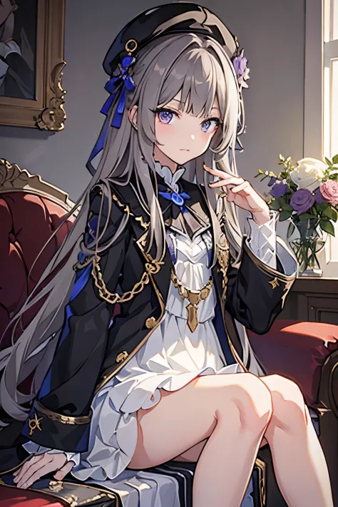 (best quality:1.3), (masterpiece:1.3), (illustration:1.3), (ultra-detailed:1.3), 1girl, solo, very young, flat chest, purple eyes, white hair, long hair, white dress, black coat, black headwear, beret, serious expression, angry expression, looking at viewe...