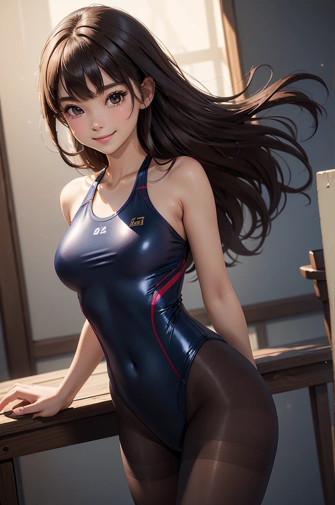 Best Quality, masterpaintings, best qualtiy, Photorealsitic, ultra-detailliert,dynamic light and shadow,hight resolution, 1人の女性, Smiling、shiny brown hair, 、Navy competitive swimsuit、She is wearing 120 denier black pantyhose.、A slender、 slender、Blur the background