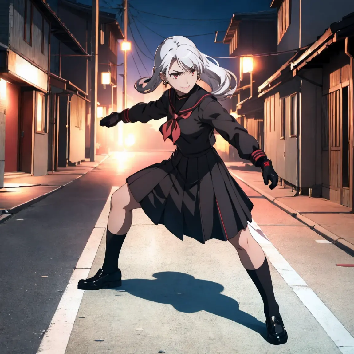 sukeban, illyasviel_von_einzbern, mature_female, silver hair, holding yoyo, combat pose, full body, flowing hair, hair between t...