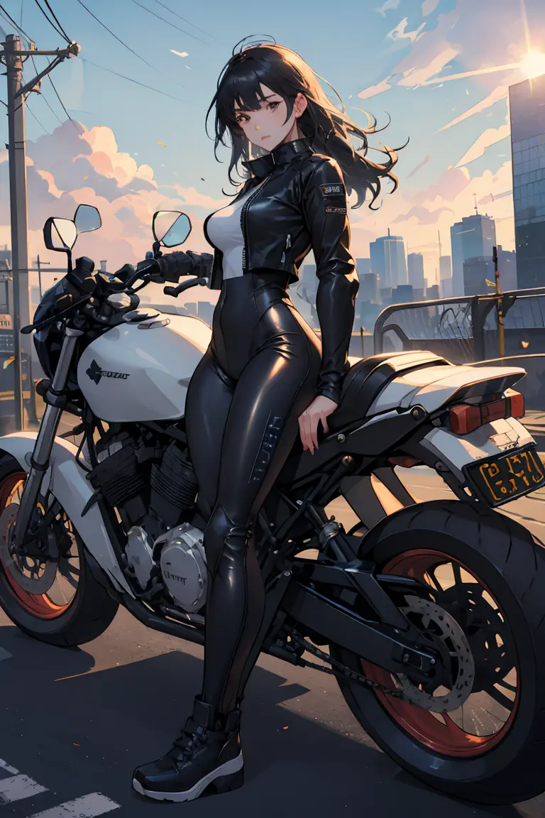 full body, whole body, head to toe, 1 female biker, wearing a full leather biker suit, morning, sunshine, background of outskirt...